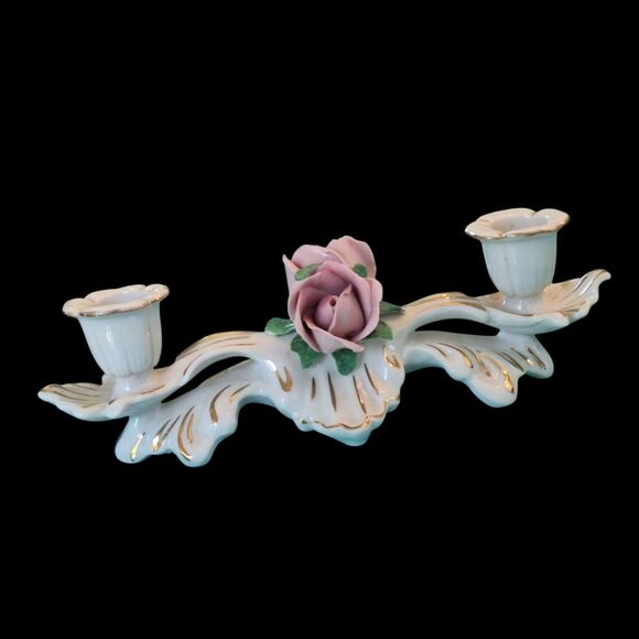 Vintage Dresden Double Candelabra Roses Candlestick Holder Capodimonte Style - Picture 5 of 14